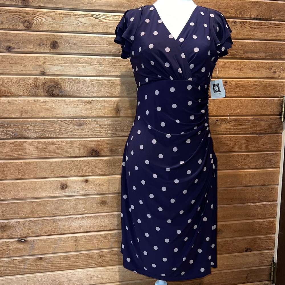 Anne Klein Dark Blue Midi Dress with White Dots